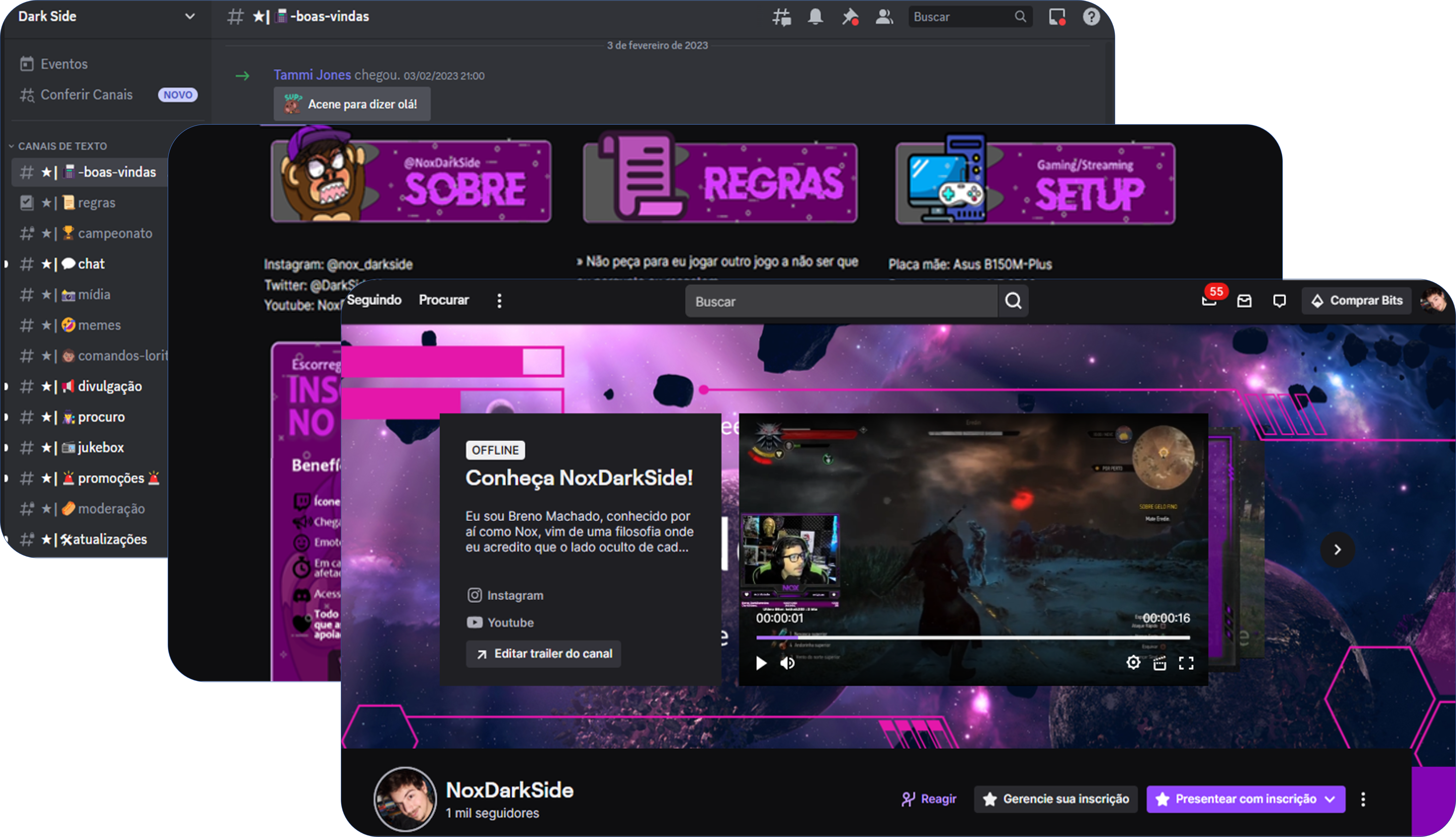 Telas do Discord e Canal da Twitch do DarkSide